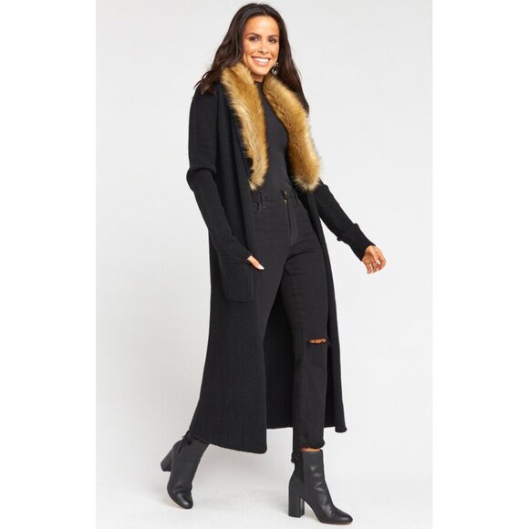 💋GORGEOUS!💋BOHO-CHIC 70s INSPIRED FAUX RED FOX FUR COLLAR CARDIGAN in BLACK - Picture 14 of 16